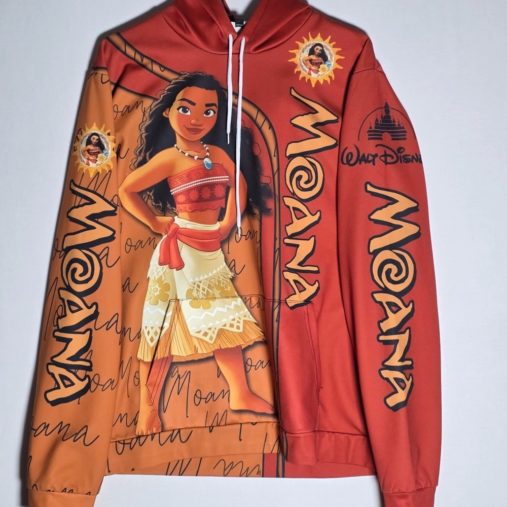 Disney Moana All Over Print Graphic Pullover Hoodie Orange Tribal Large